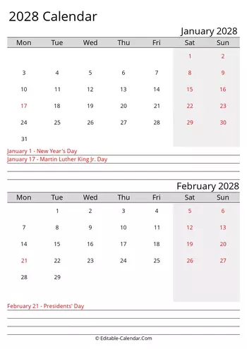 january and february 2028 printable calendar monday start