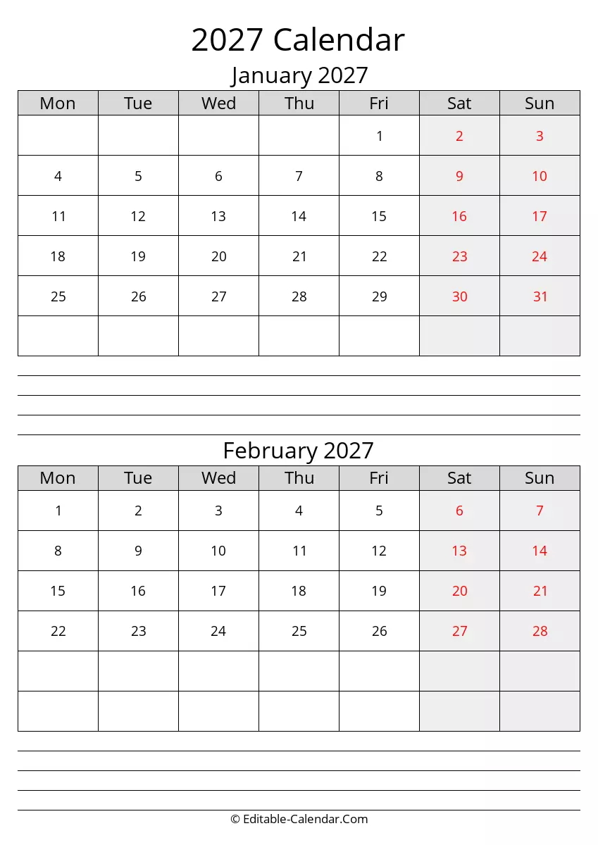 monday start, january february calendar 2027 with notes