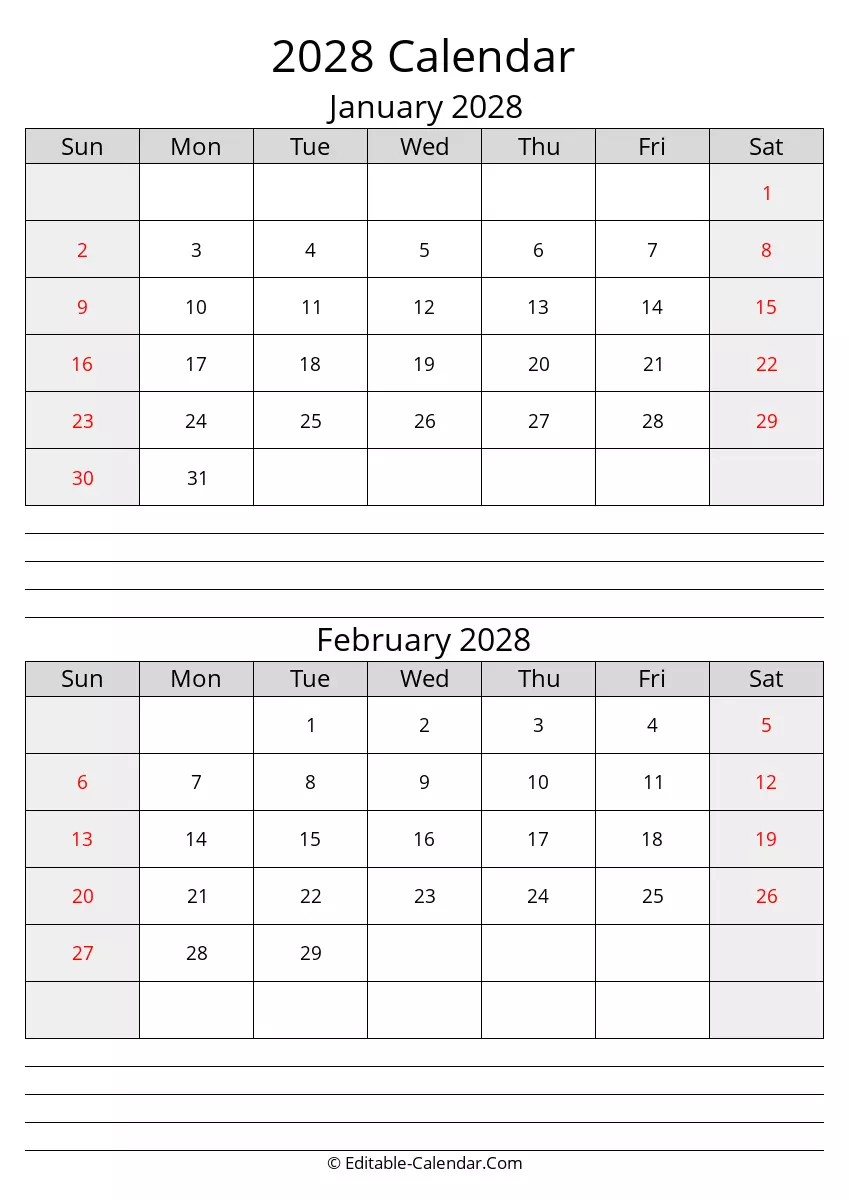 january february calendar 2028 with notes
