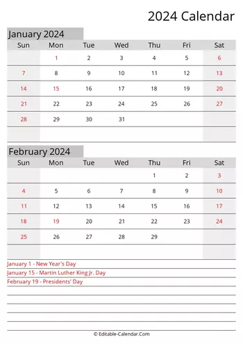 january february editable calendar 2024 with holidays