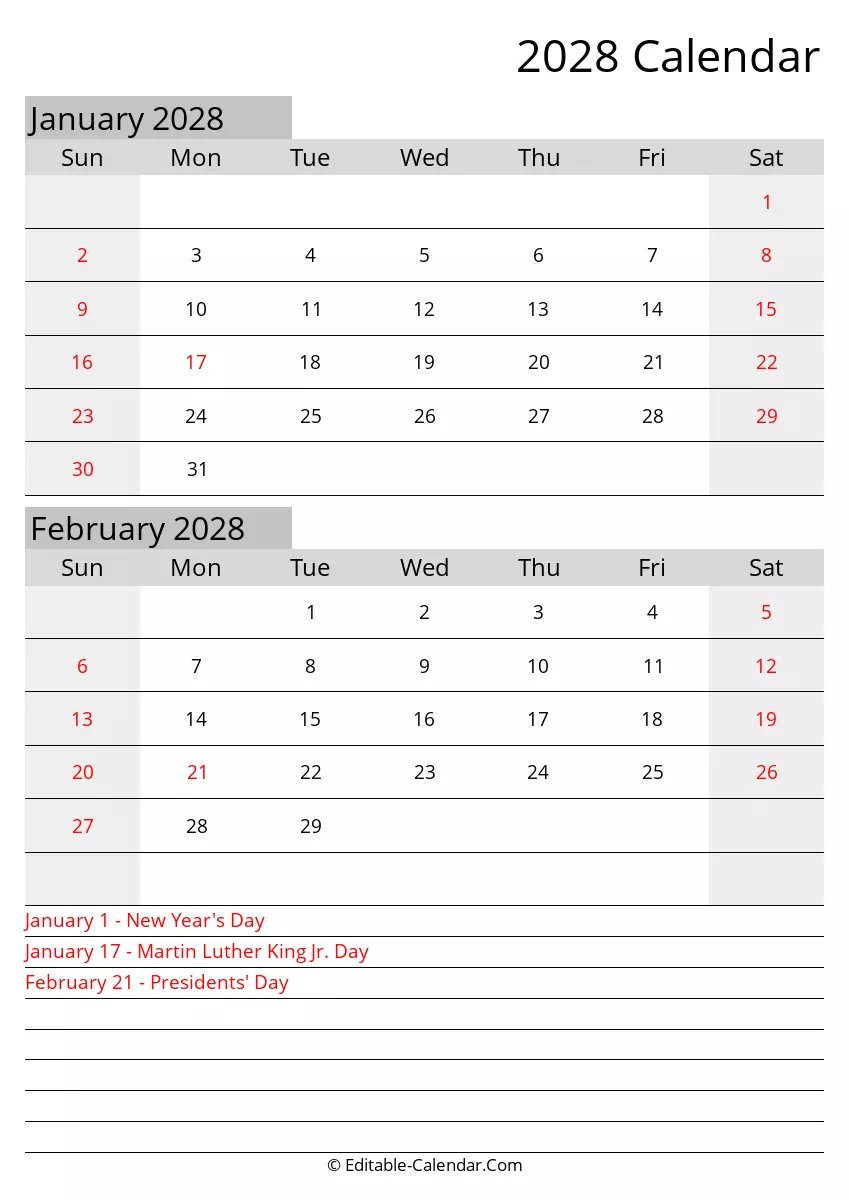 january february editable calendar 2028 with holidays