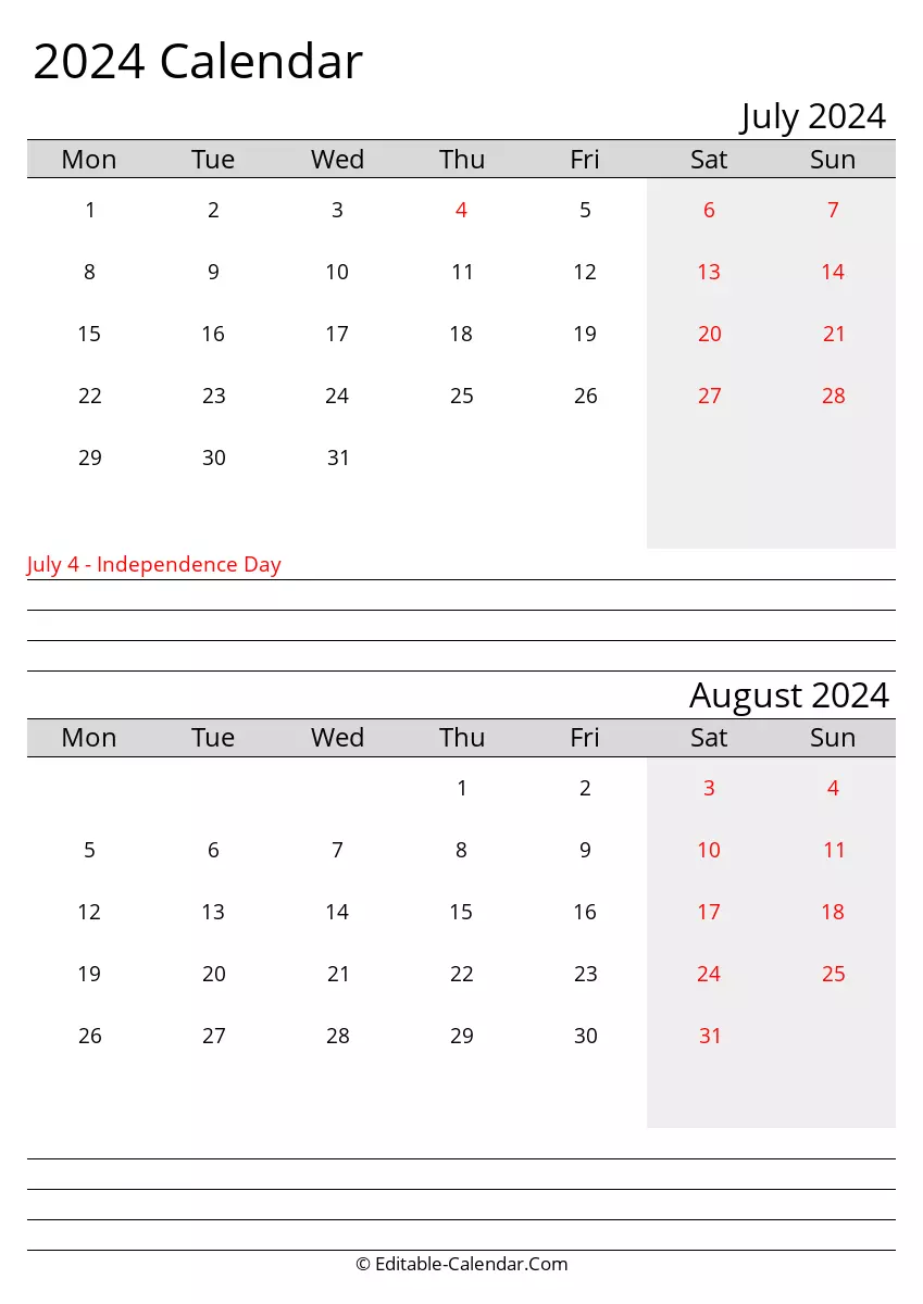 monday start, july and august 2024 printable calendar