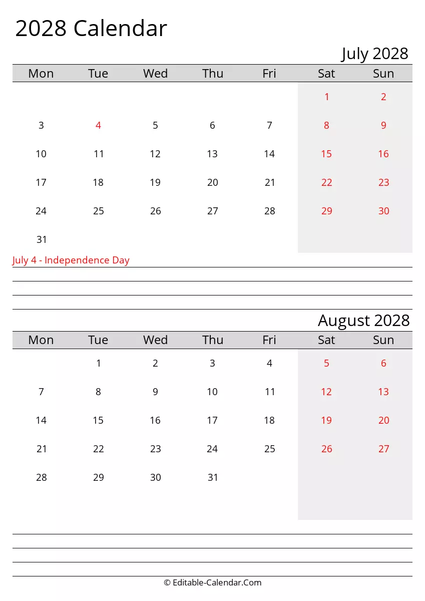 monday start, july and august 2028 printable calendar