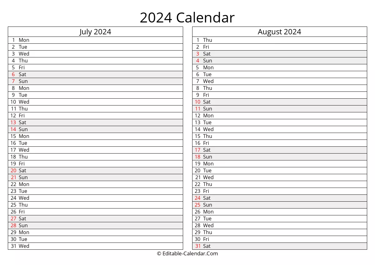 monday start, july august 2024 calendar