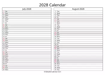 july august 2028 calendar monday start