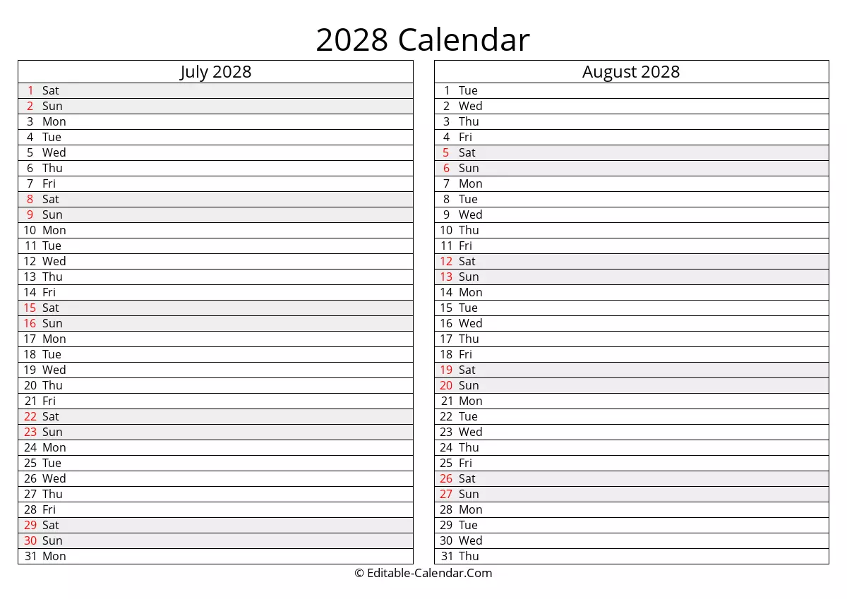 july august 2028 calendar