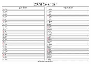 Download Printable Calendar July August 2029, week start on Sunday