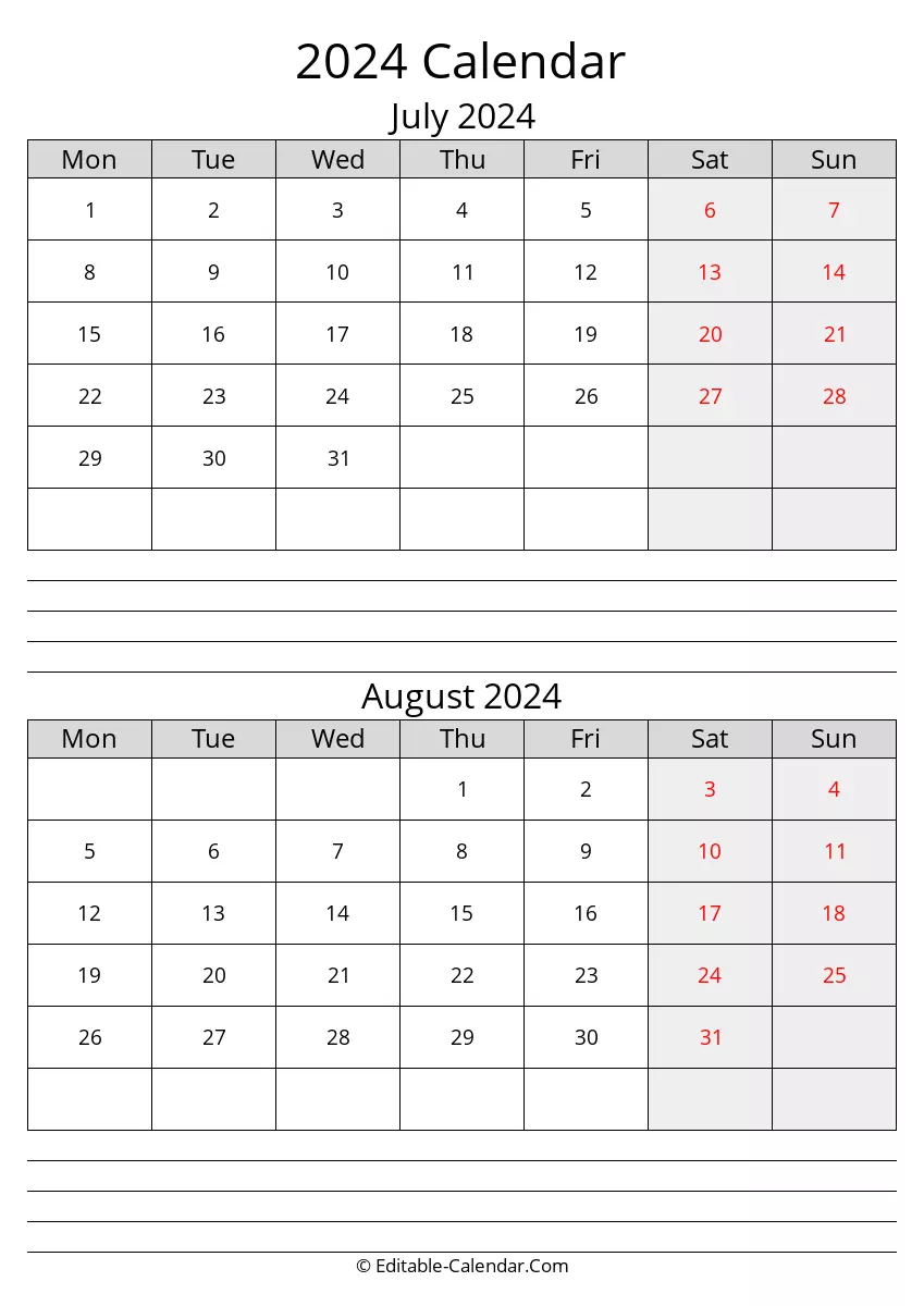 monday start, july august calendar 2024 with notes
