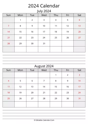 july august calendar 2024 with notes
