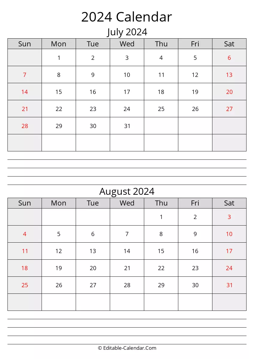 july august calendar 2024 with notes