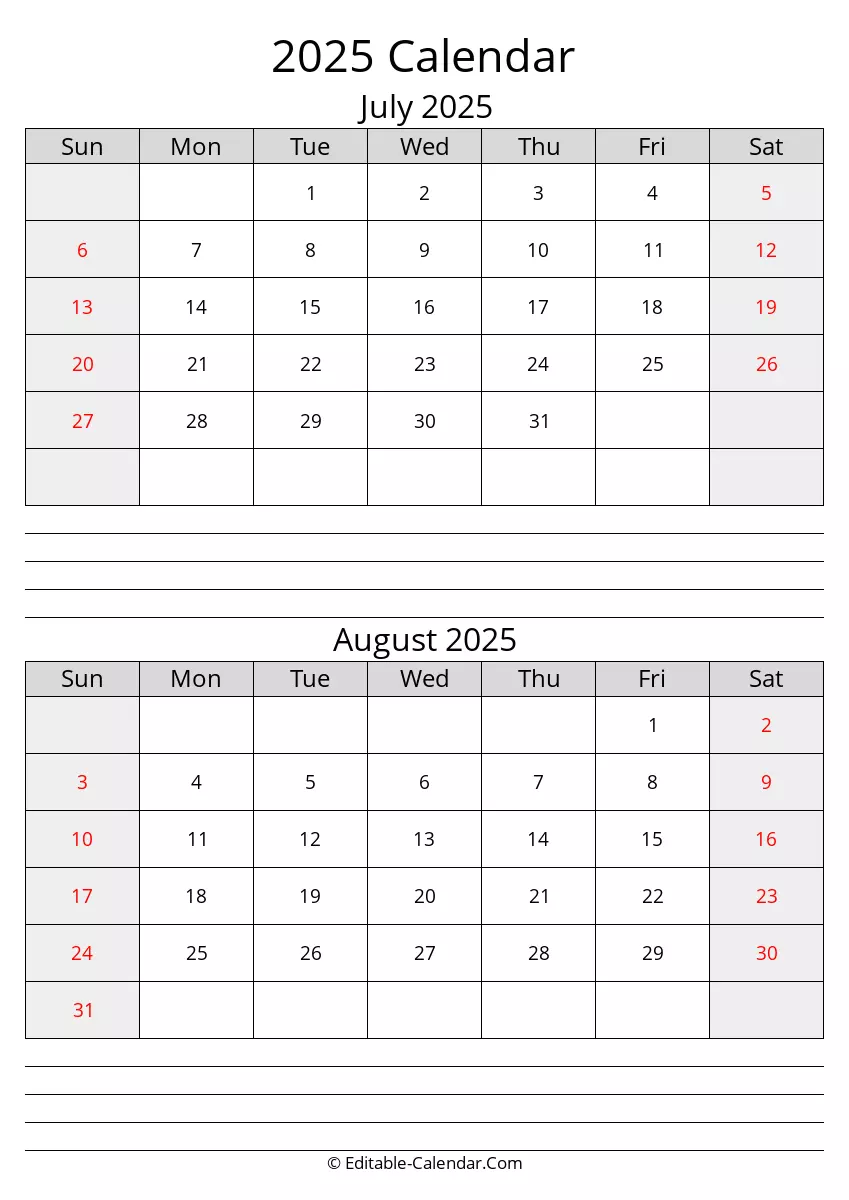 july august calendar 2025 with notes