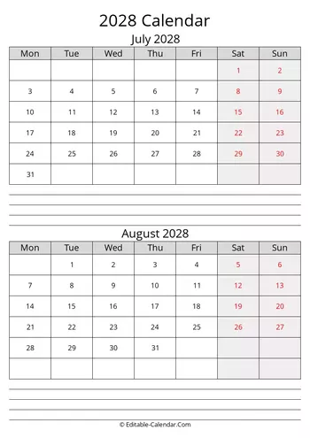 july august calendar 2028 with notes monday start