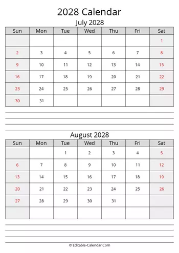 july august calendar 2028 with notes