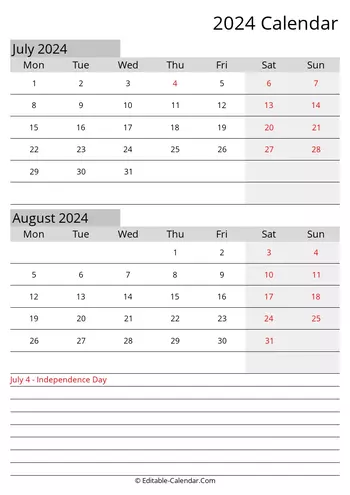 july august editable calendar 2024 with holidays monday start