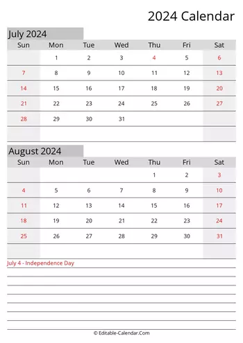 july august editable calendar 2024 with holidays