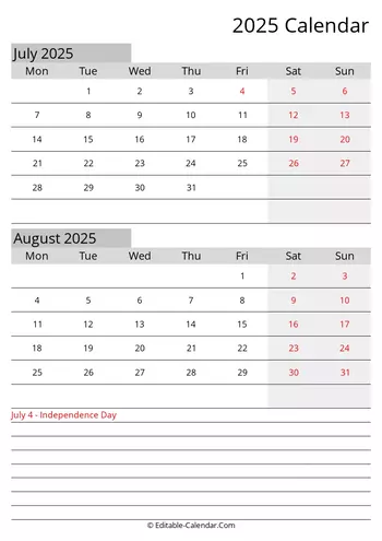 july august editable calendar 2025 with holidays monday start