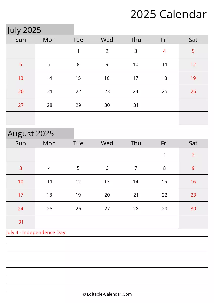 july august editable calendar 2025 with holidays