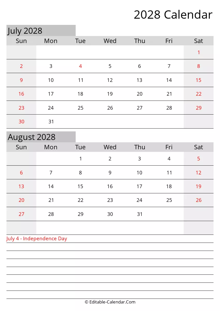 july august editable calendar 2028 with holidays