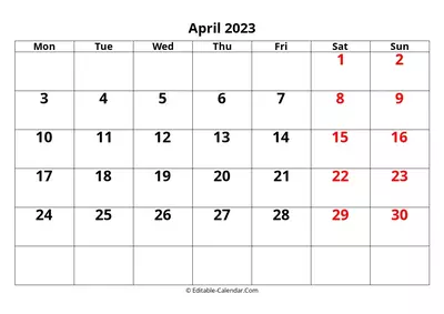 large font april 2023 calendar editable, monday start