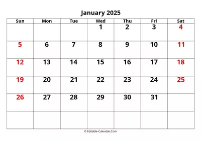 large font january 2025 calendar editable