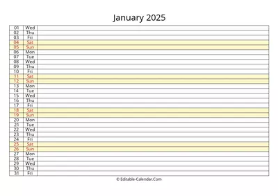 lined january calendar 2025