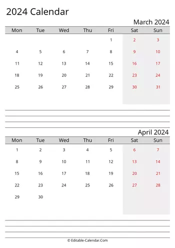 march and april 2024 printable calendar monday start