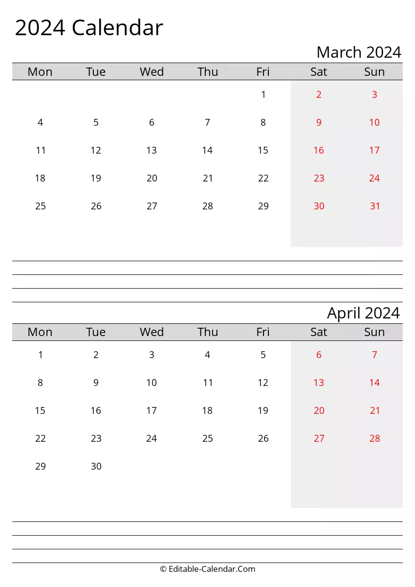 monday start, march and april 2024 printable calendar