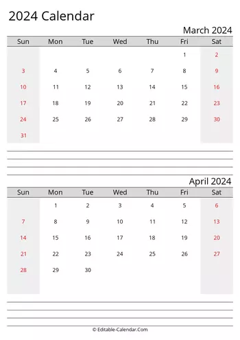 march and april 2024 printable calendar