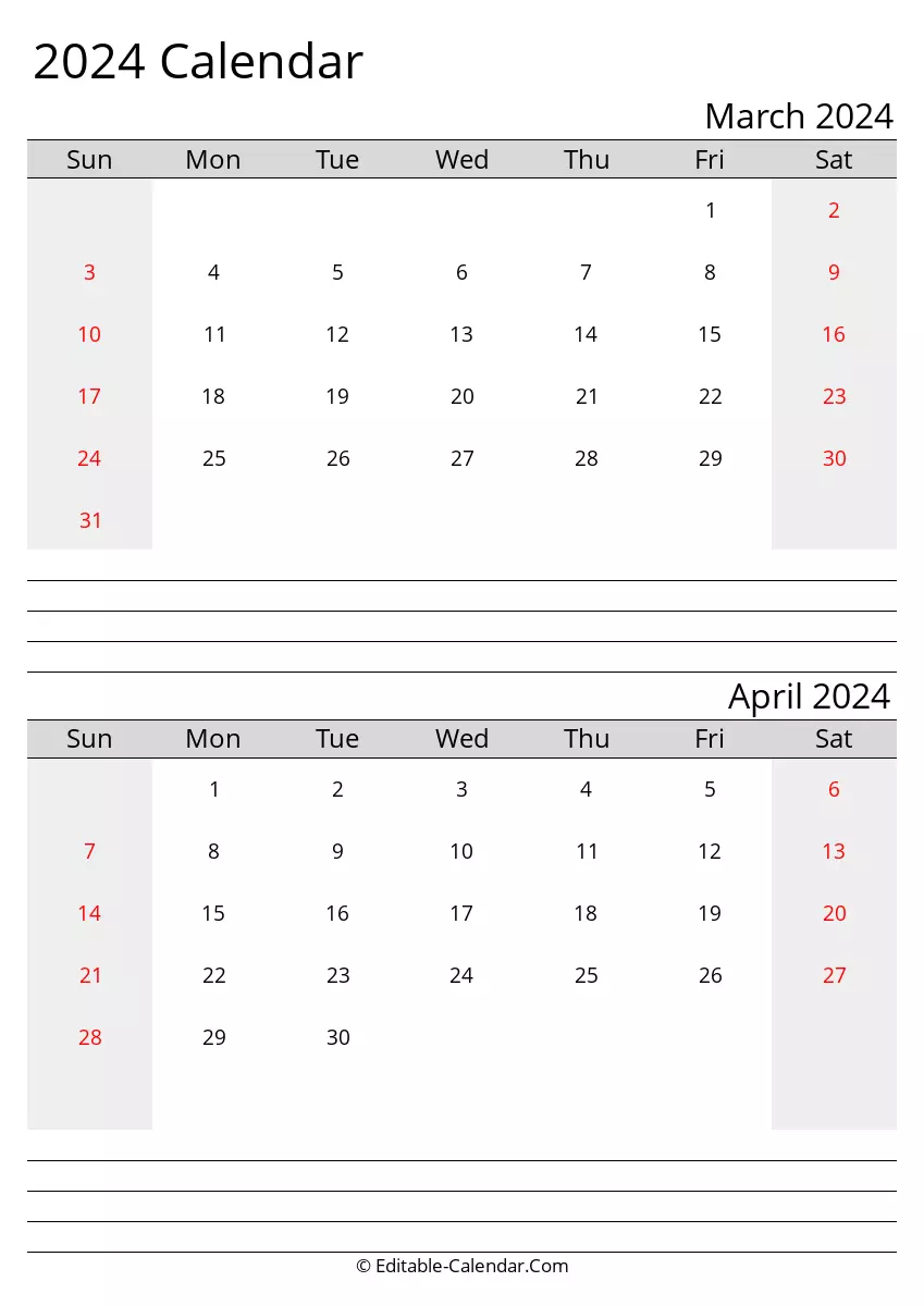 March And April 2024 Printable Calendar