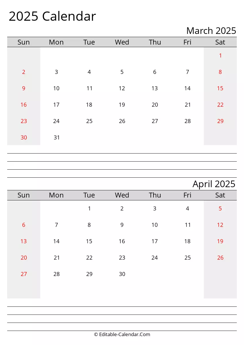 march and april 2025 printable calendar