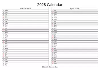 march april 2028 calendar