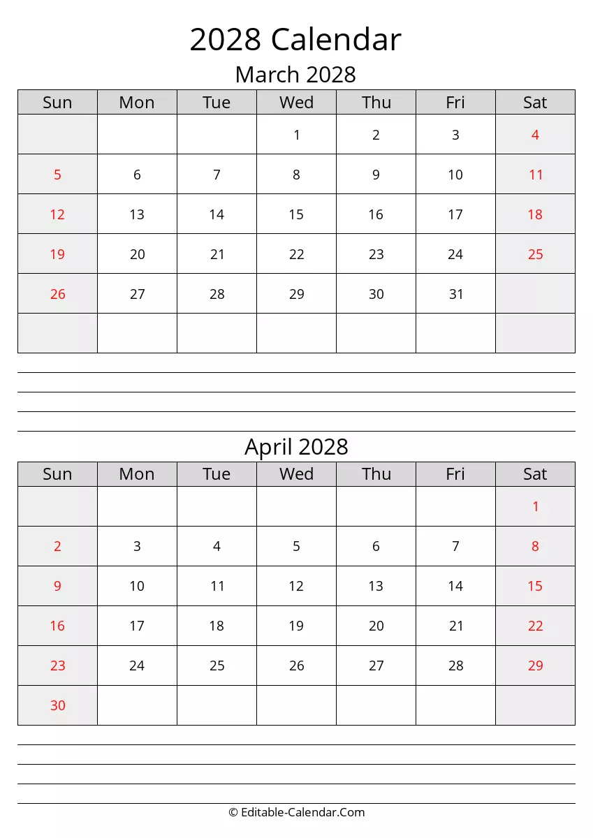 march april calendar 2028 with notes