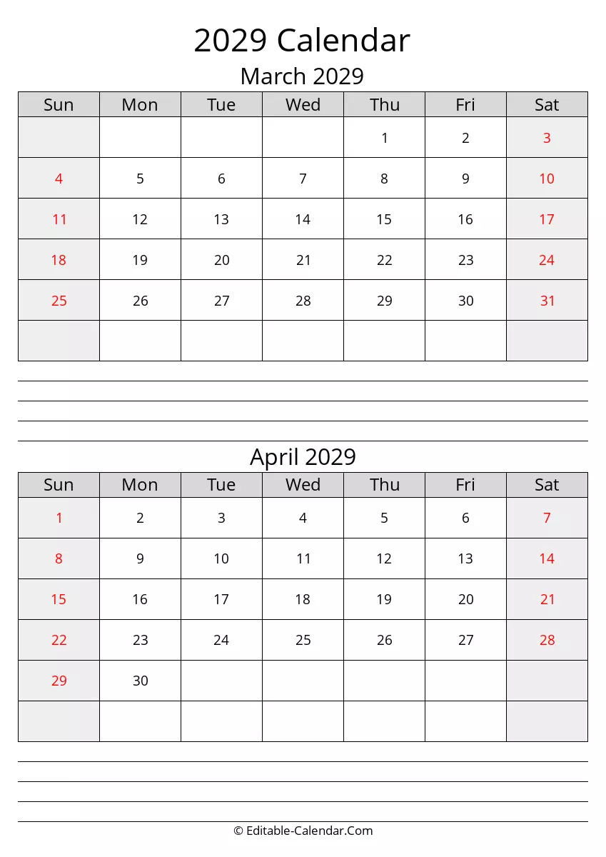 March April Calendar 2029 With Notes