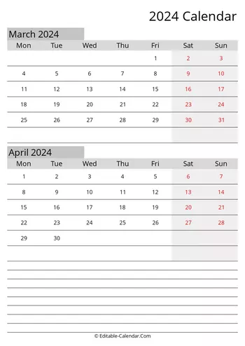 march april editable calendar 2024 with holidays monday start