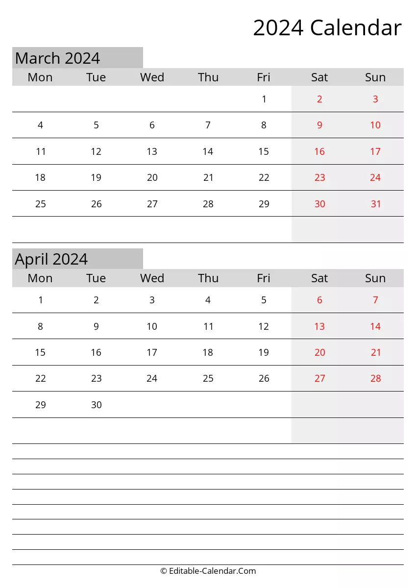 monday start, march april editable calendar 2024 with holidays