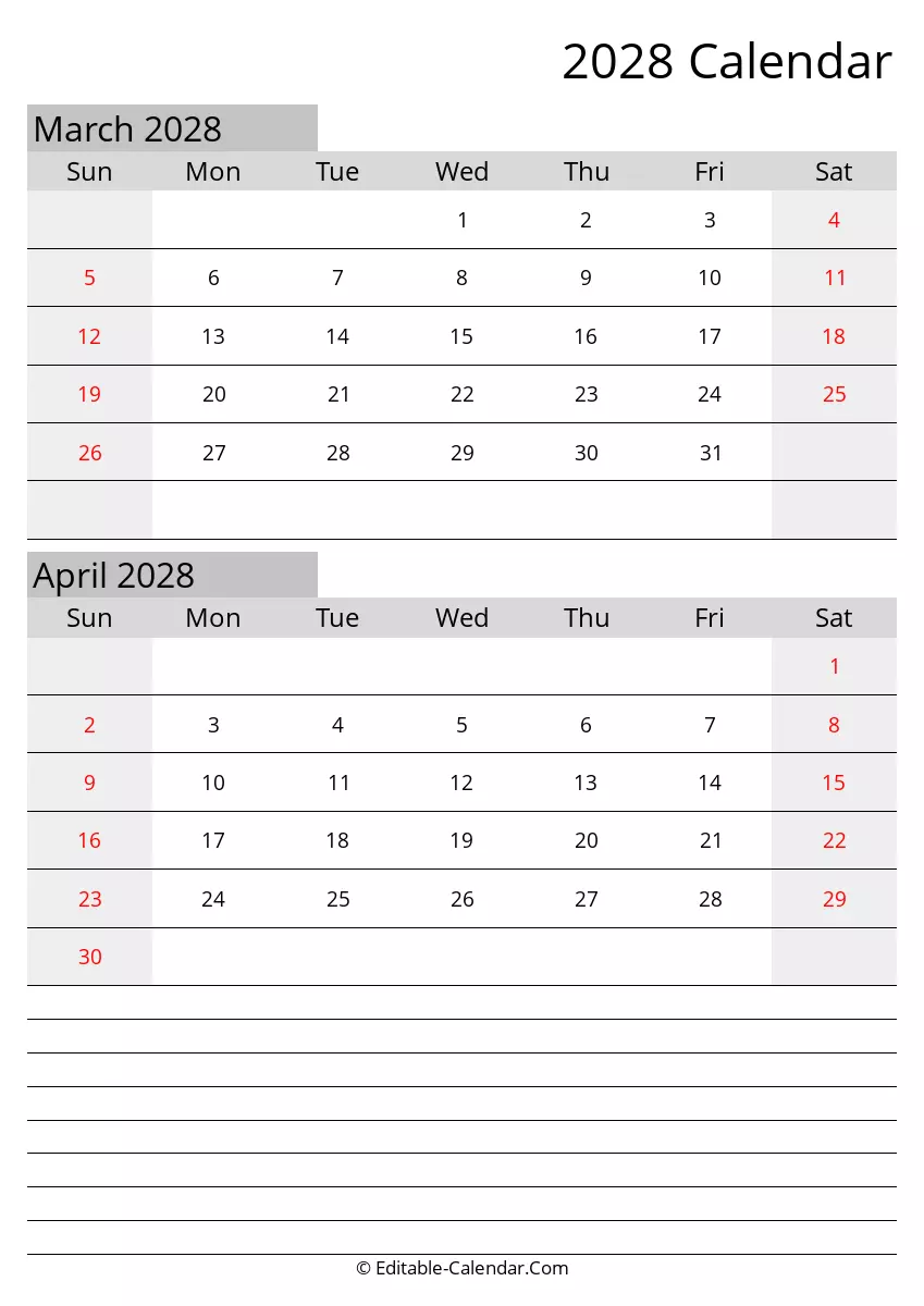 march april editable calendar 2028 with holidays