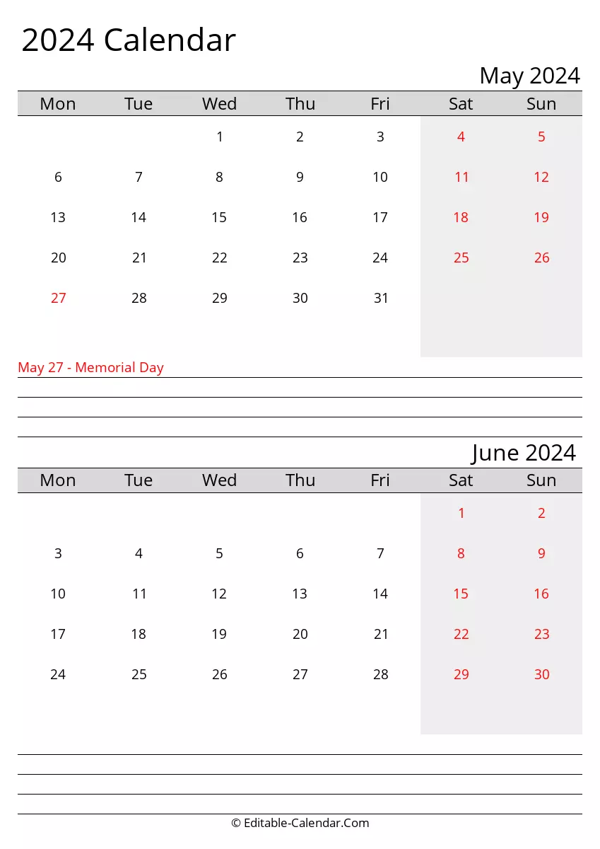 monday start, may and june 2024 printable calendar