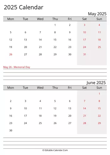 may and june 2025 printable calendar monday start