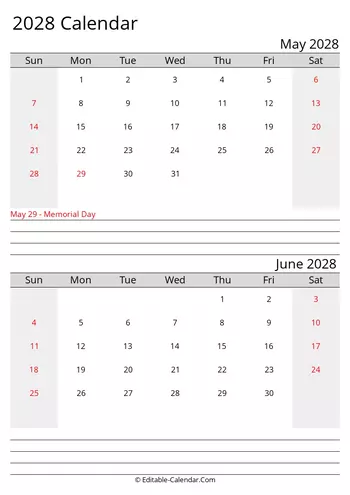 may and june 2028 printable calendar
