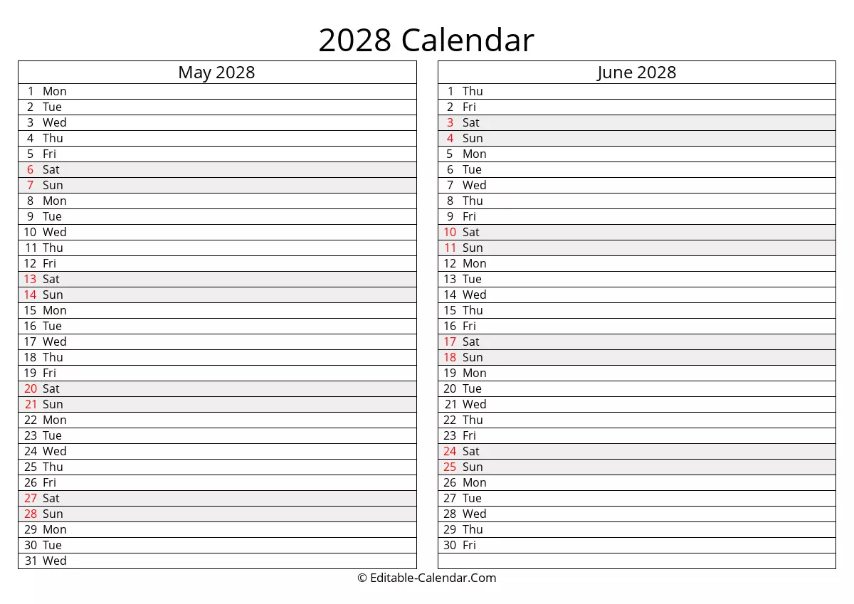 may june 2028 calendar