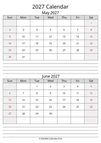may june calendar 2027 with notes