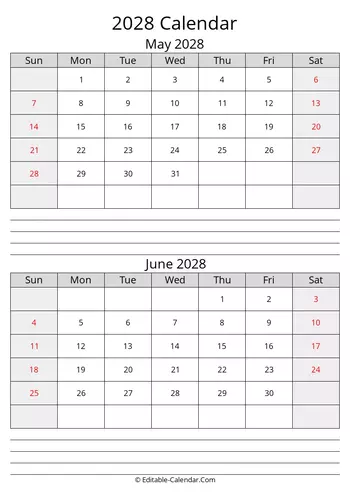 may june calendar 2028 with notes