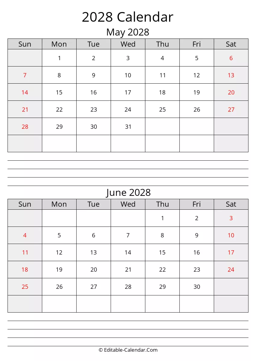 may june calendar 2028 with notes