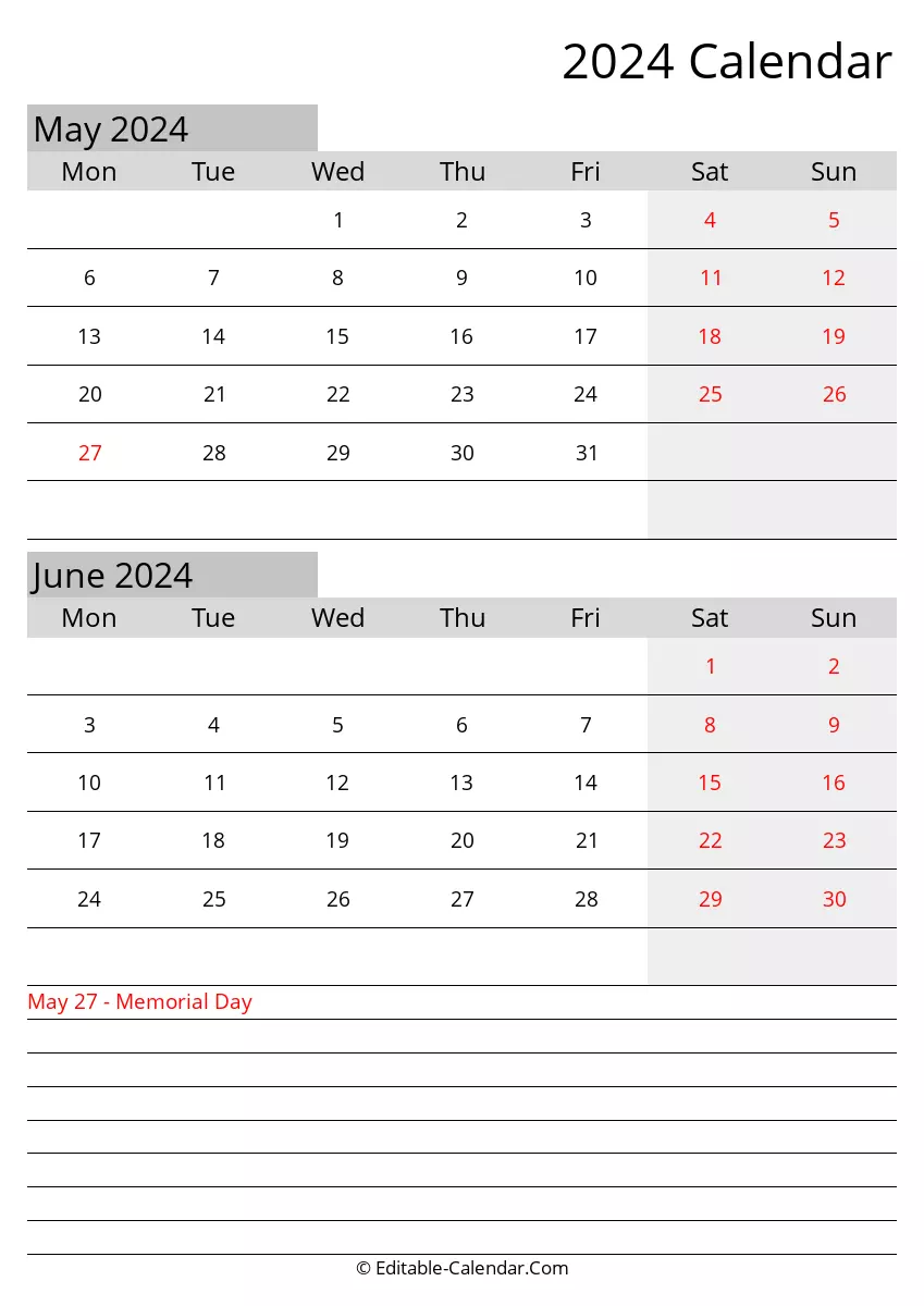 monday start, may june editable calendar 2024 with holidays