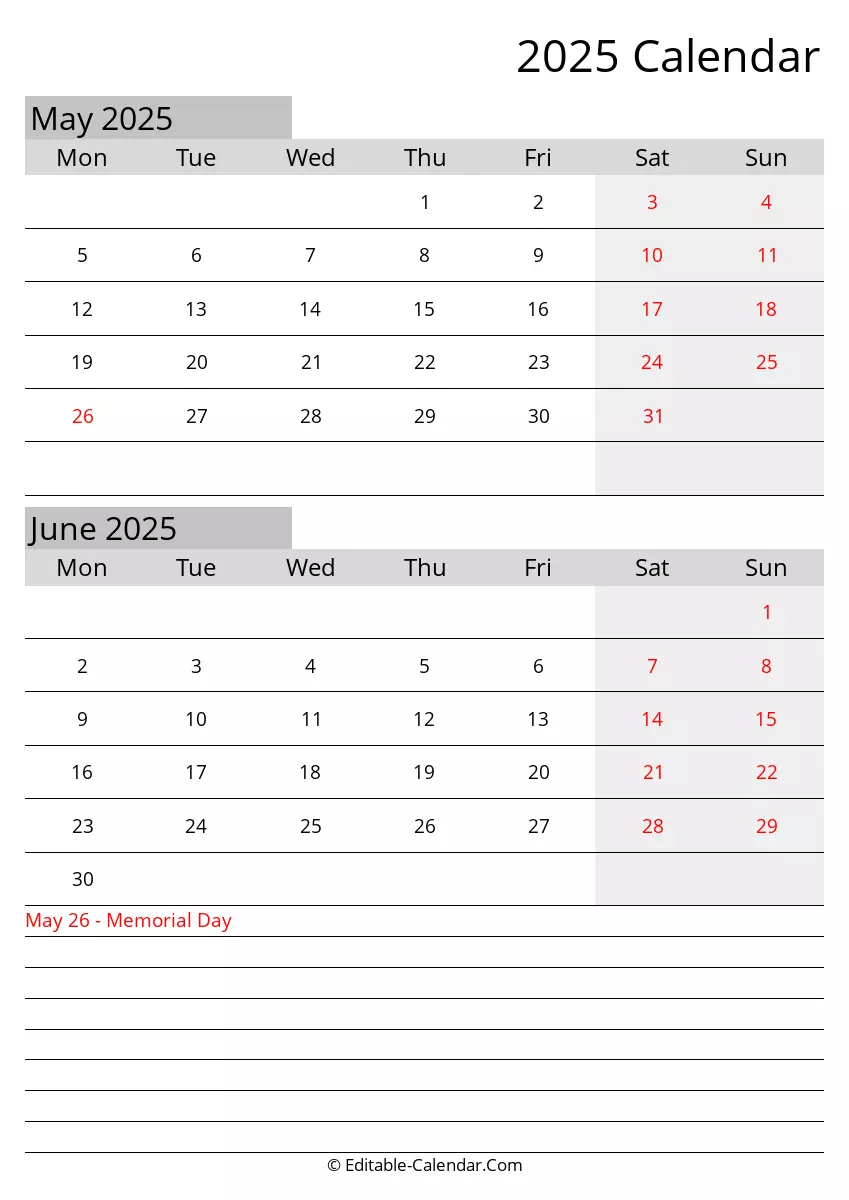 May June Editable Calendar 2025 With Holidays Monday Start