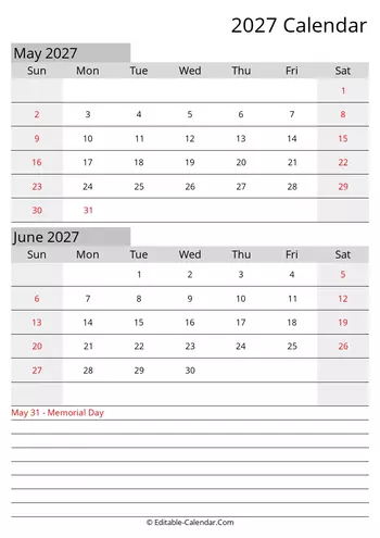 may june editable calendar 2027 with holidays