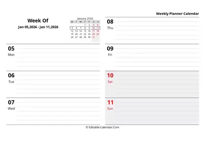 monday start, week 02: jan-05-2026 - jan-11-2026