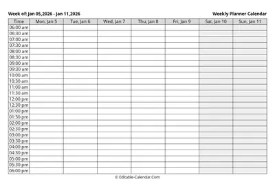 monday start, weekly planner calendar week 02: jan-05-2026 - jan-11-2026