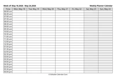 monday start, weekly planner calendar week 21: may-18-2026 - may-24-2026