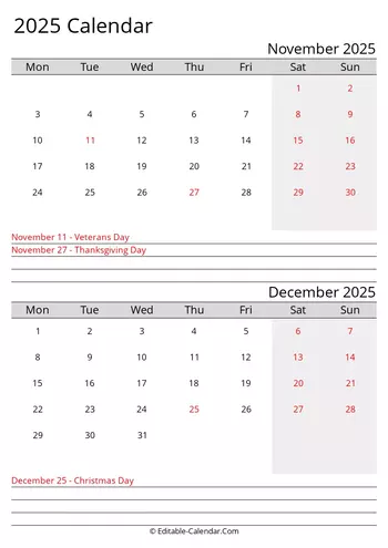 november and december 2025 printable calendar monday start